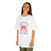 T-shirt blanc enfant Mais Dieu prouve son amour avec un nœud rose vichy et une croix.