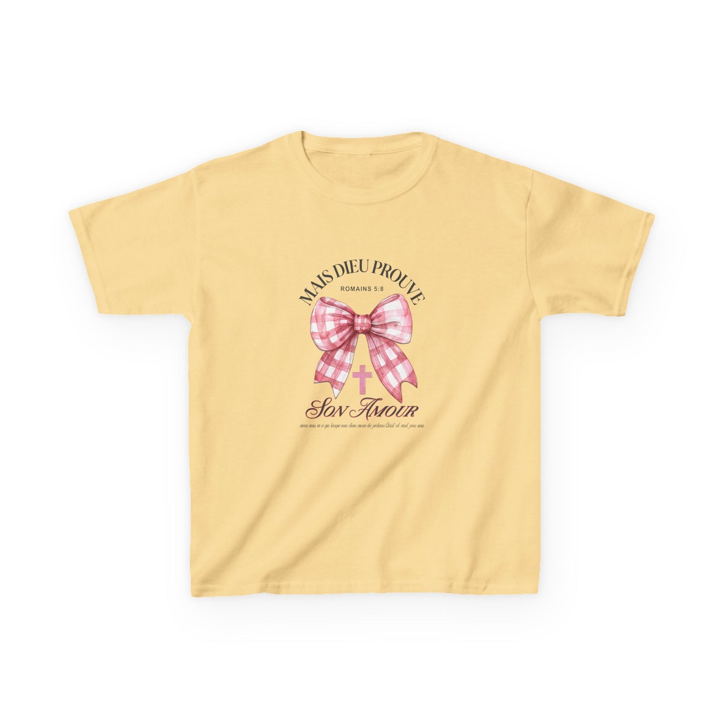 T-shirt jaune pour enfant avec un motif de nœud rose à carreaux et une croix chrétienne.