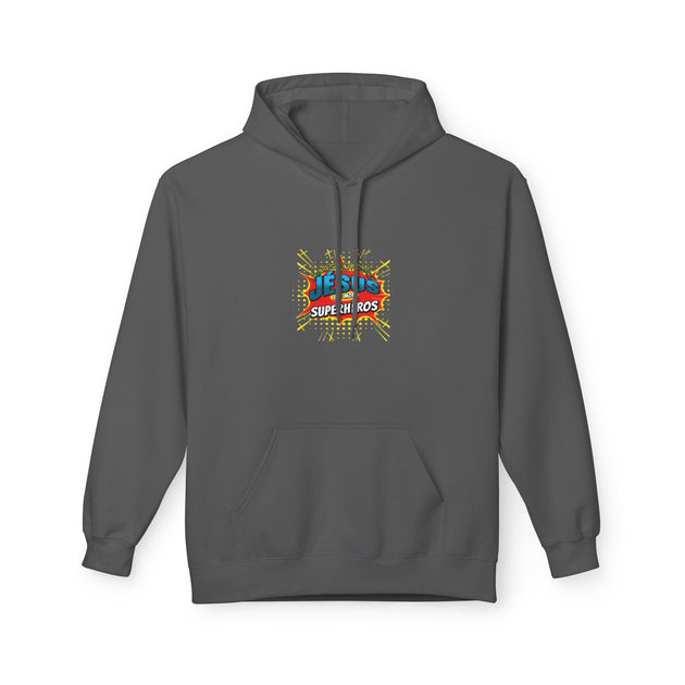Sweat à capuche gris foncé avec un motif coloré style bande dessinée sur la poitrine.