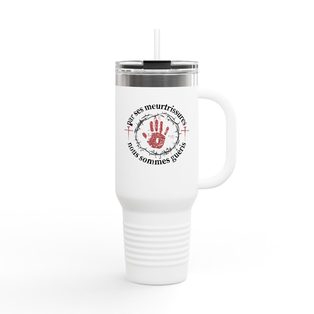 Mug de voyage blanc isotherme avec une poignée, une paille et un motif religieux imprimé.
