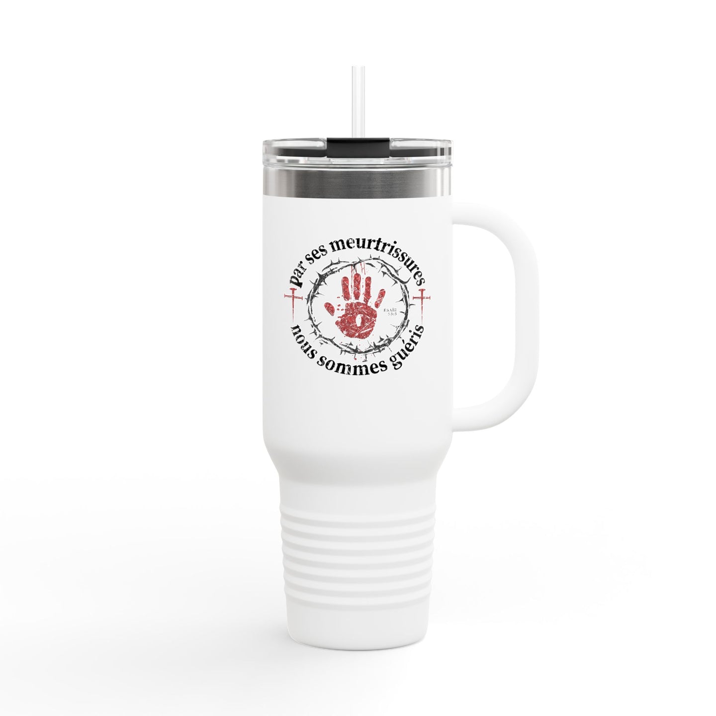 Mug de voyage blanc isotherme avec une poignée, une paille et un motif religieux imprimé.