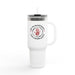 Mug de voyage blanc isotherme avec une poignée, une paille et un motif religieux imprimé.