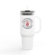 Mug de voyage blanc isotherme avec une poignée, une paille et un motif religieux imprimé.
