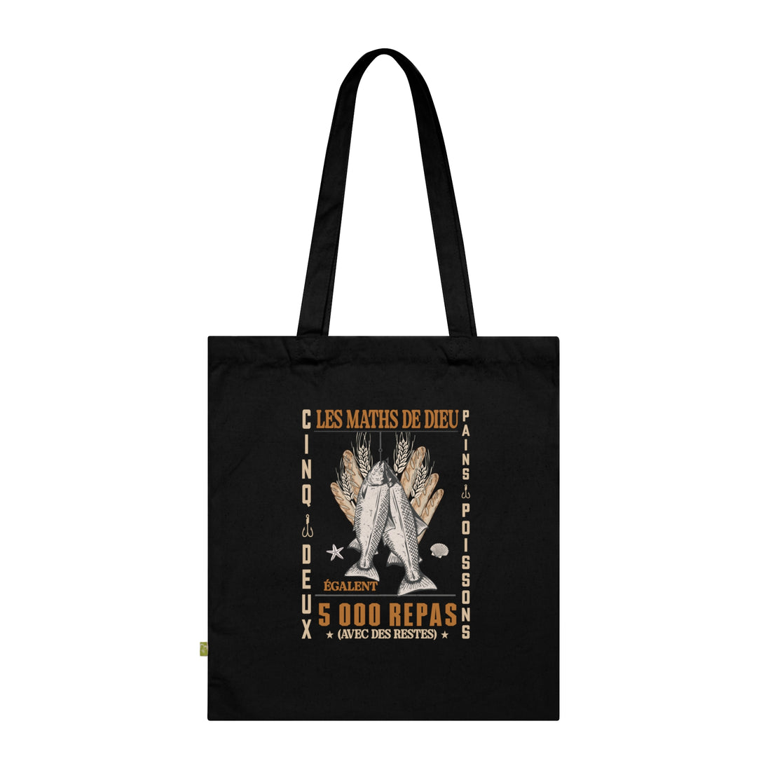Tote bag noir en coton biologique orné d'une illustration religieuse et de texte en français.