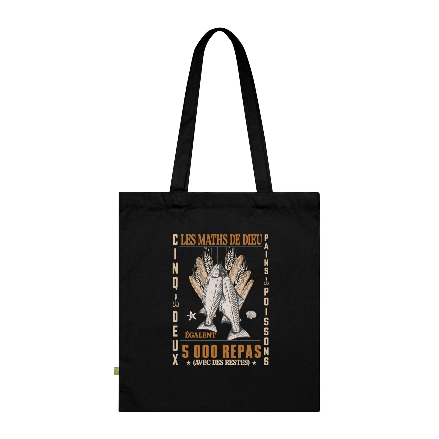 Tote bag noir en coton biologique orné d'une illustration religieuse et de texte en français.