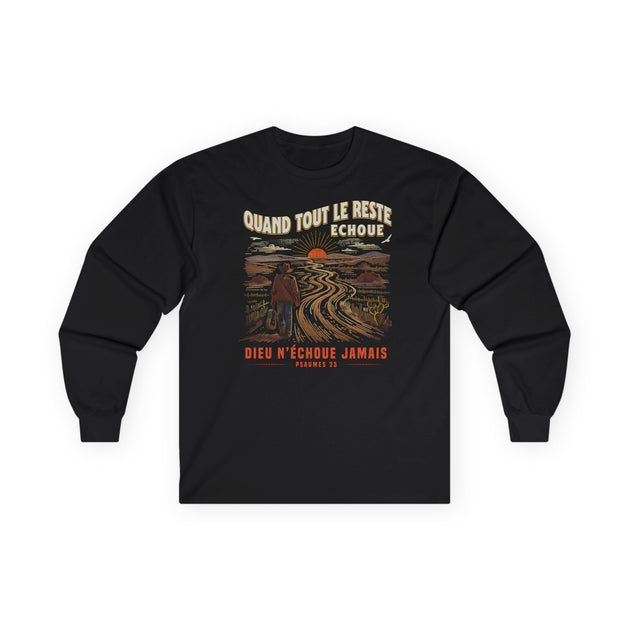 T-shirt noir à manches longues avec une illustration de cowboy et un texte religieux en français.