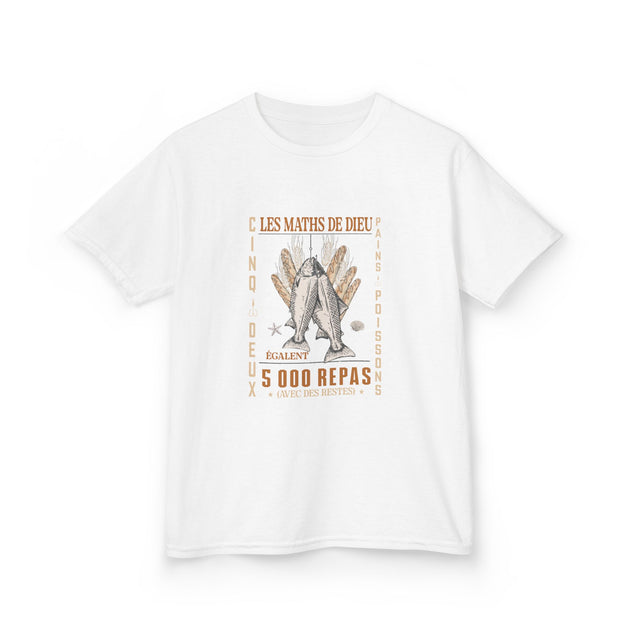 T-shirt blanc pour enfant avec une illustration vintage de pains et de poissons.