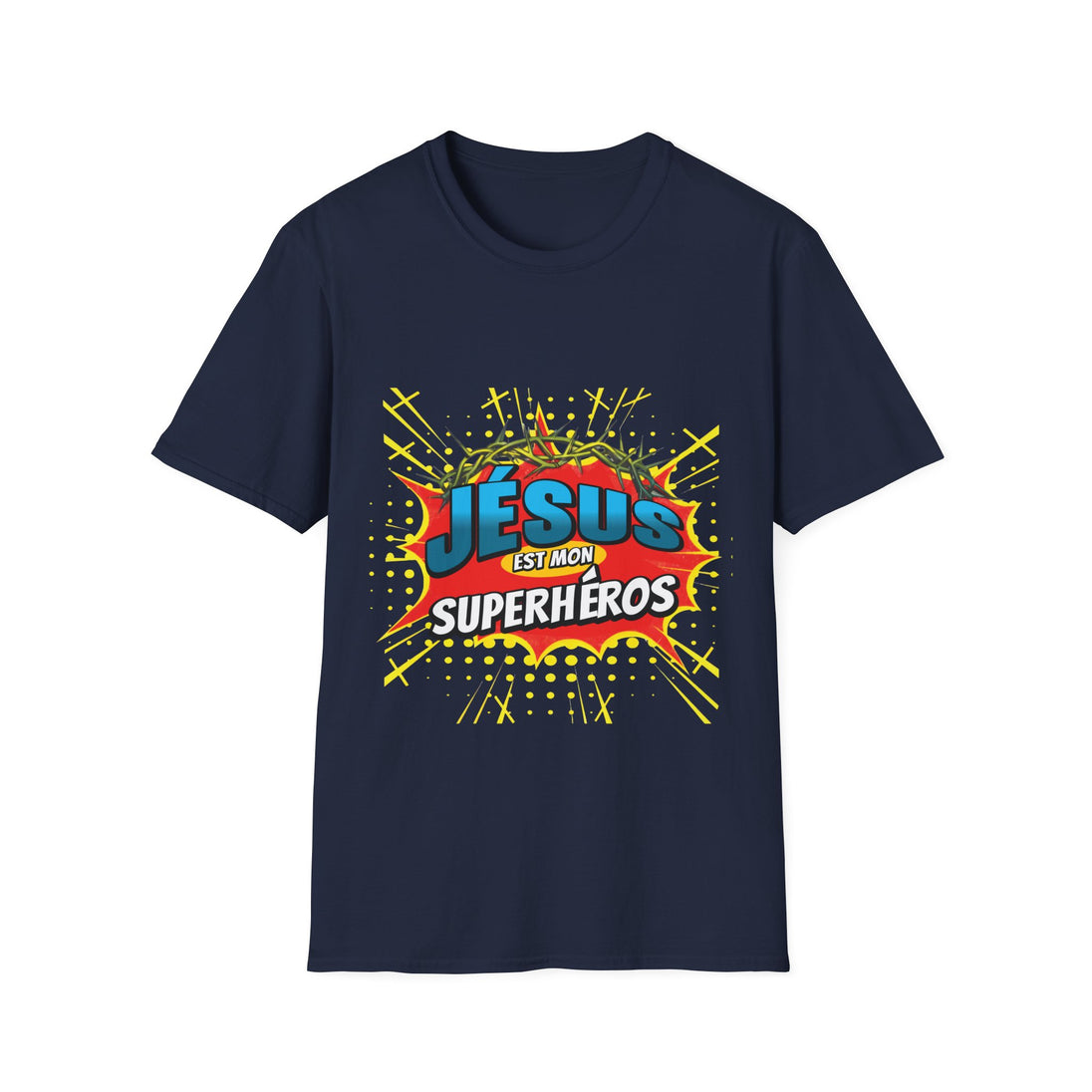 T-shirt bleu marine pour homme avec une illustration style bande dessinée Jésus est mon superhéros.