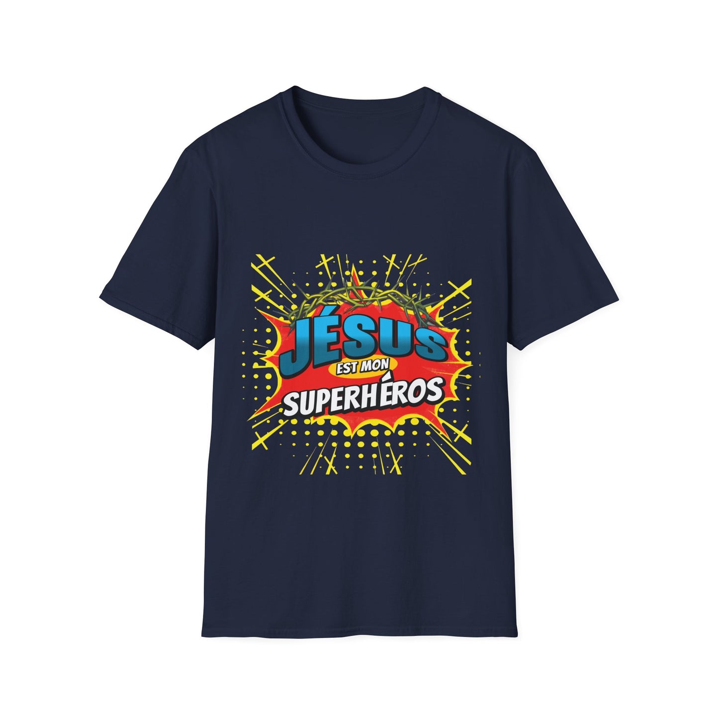 T-shirt bleu marine pour homme avec une illustration style bande dessinée Jésus est mon superhéros.