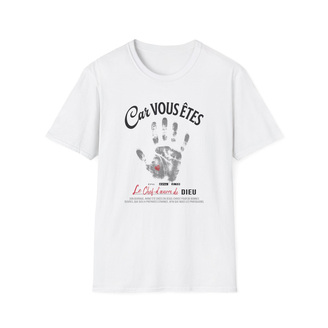 T-shirt blanc pour homme avec une empreinte de main et un texte religieux imprimés sur le torse.
