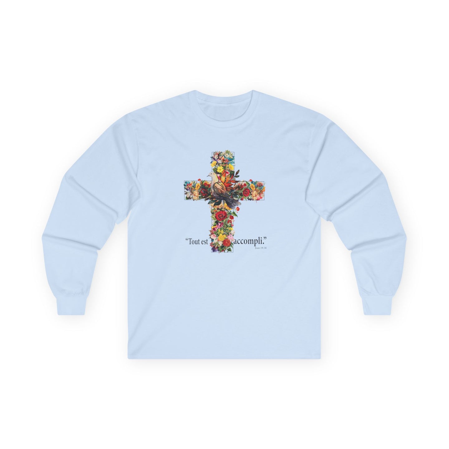 T-shirt bleu ciel à manches longues avec une croix florale et l'inscription Tout est accompli.