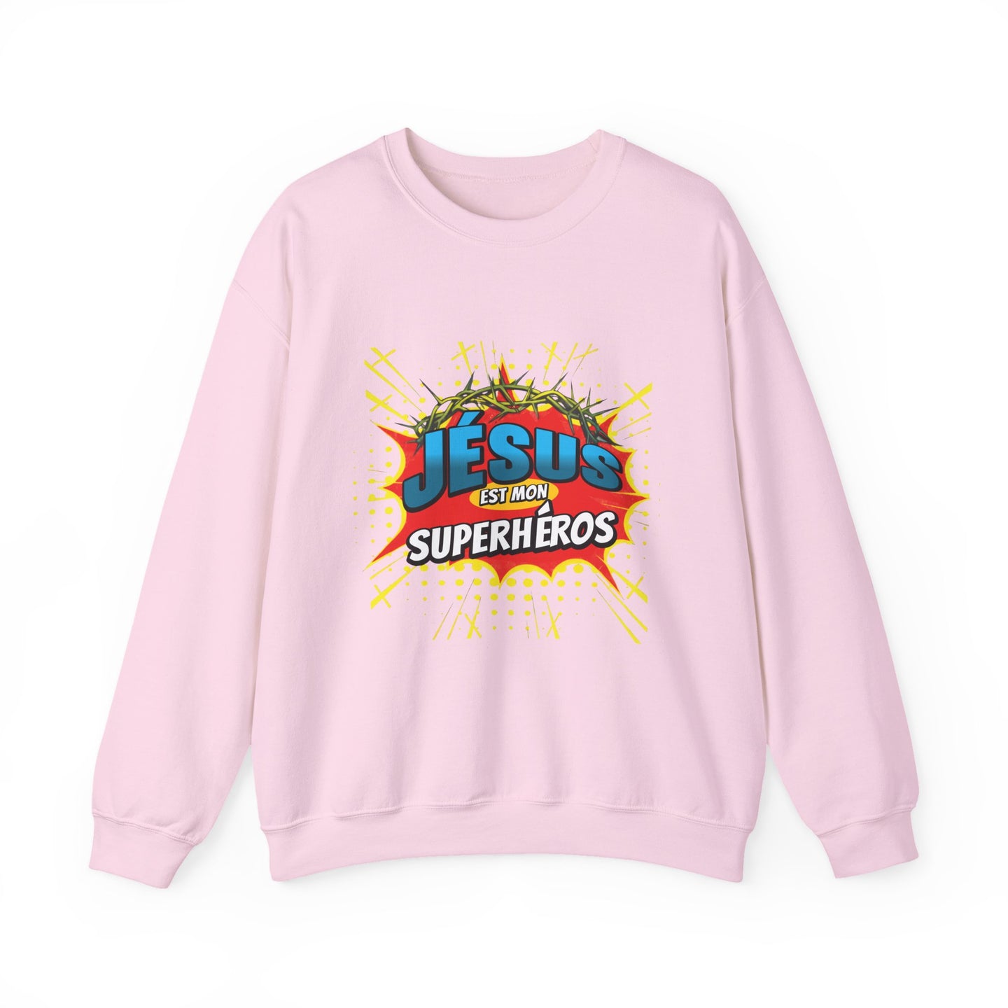 Sweat-shirt rose pâle avec une illustration style bande dessinée représentant une couronne d'épines.