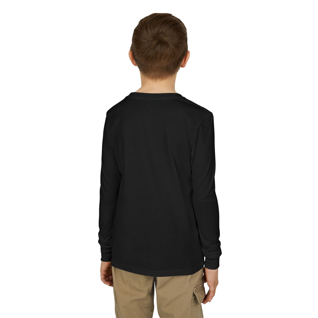 Vue arrière d'un enfant portant un t-shirt noir à manches longues en coton.