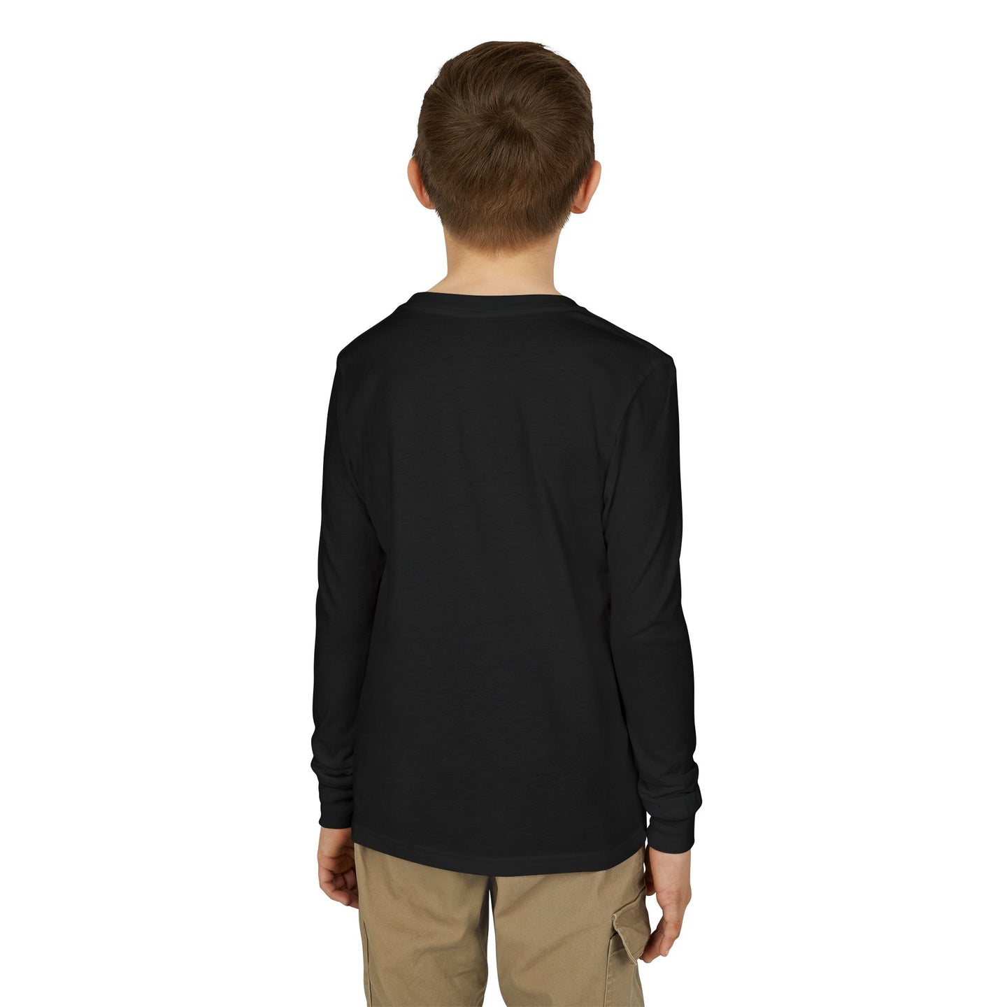 Vue arrière d'un enfant portant un t-shirt noir à manches longues en coton.