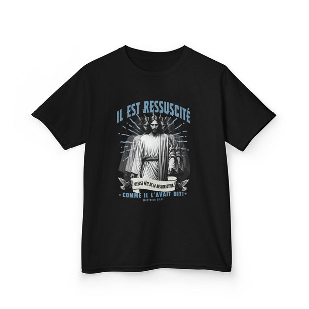 T-shirt noir pour enfant avec une illustration de Jésus et le texte Il est ressuscité.