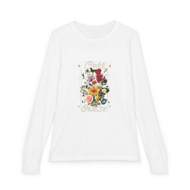 T-shirt blanc à manches longues pour enfant avec un imprimé floral et le texte Créé avec un objectif.