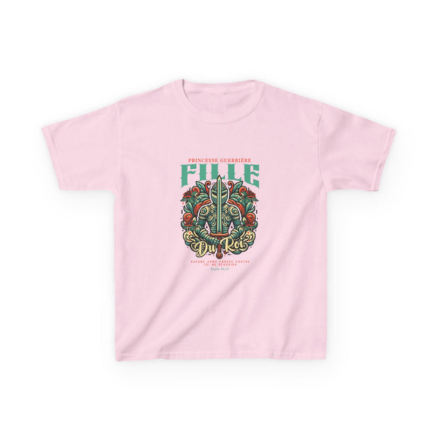T-shirt rose pour enfant avec une illustration de chevalier et le texte Fille du Roi.