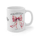 Mug en céramique blanche orné d'un nœud rose et du verset biblique Jacques 1:17.
