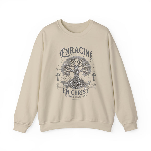 Sweat-shirt beige à col rond avec une illustration d'arbre de vie et le texte Enraciné en Christ.