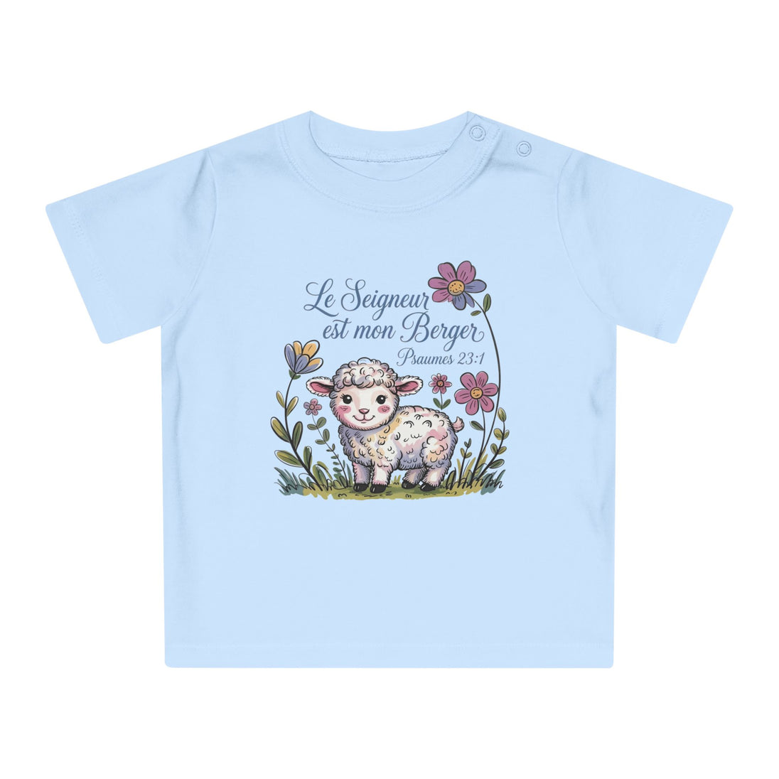 T-shirt bleu clair pour bébé avec un dessin d'agneau et l'inscription Le Seigneur est mon Berger.