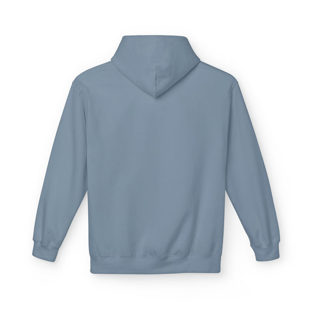 Vue arrière d'un sweat à capuche bleu pour femme avec une coupe décontractée.