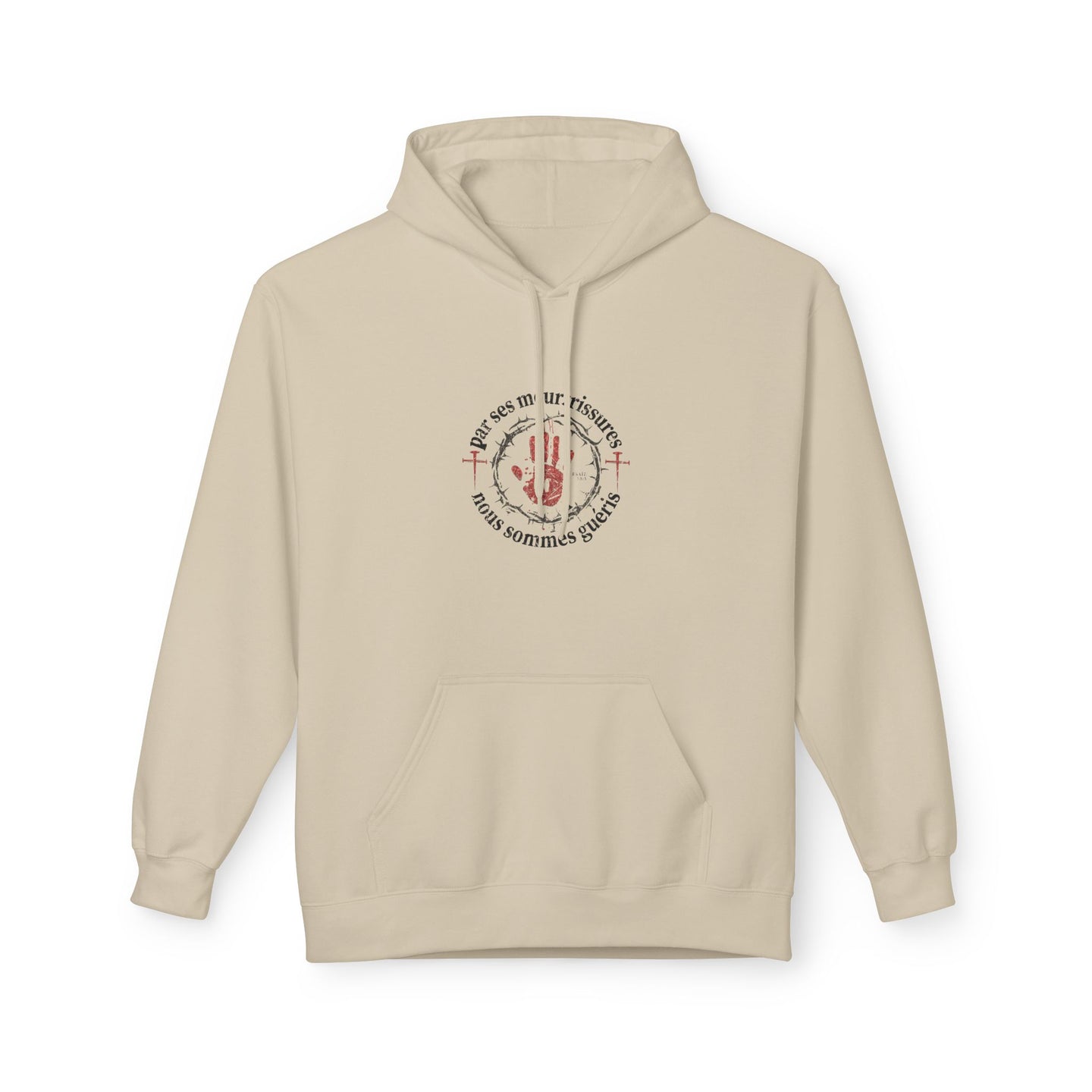 Sweat à capuche beige avec un motif central représentant une main rouge entourée d'épines.