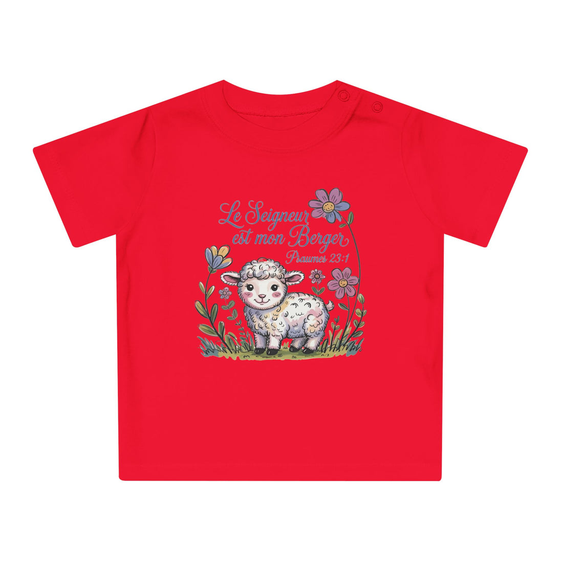 T-shirt rouge pour bébé avec un dessin d'agneau et l'inscription Le Seigneur est mon Berger.