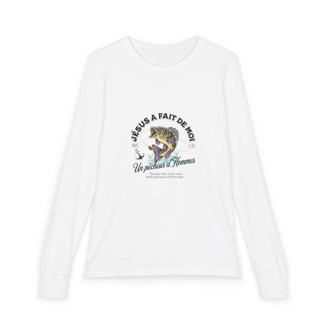 T-shirt blanc à manches longues pour enfant avec une illustration de poisson et un texte religieux.