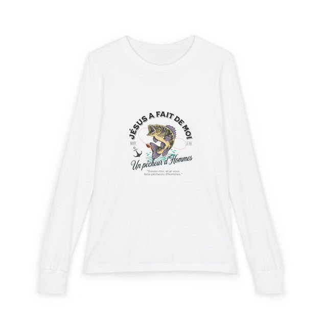 T-shirt blanc à manches longues pour enfant avec une illustration de poisson et un texte religieux.