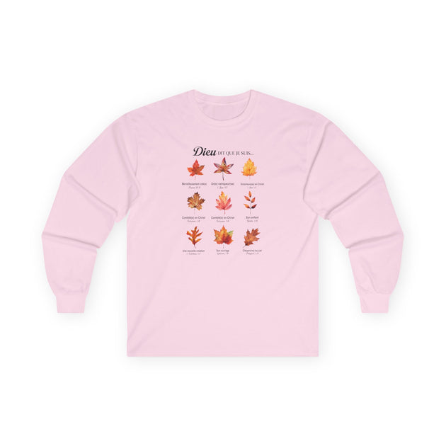 T-shirt rose à manches longues pour femme orné de feuilles d'automne et de versets bibliques.