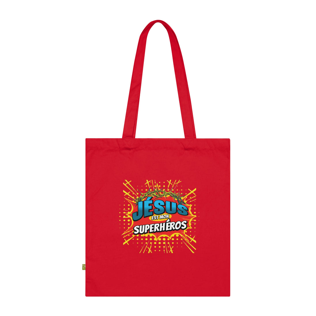 Tote bag rouge en coton biologique avec l'inscription Jésus est mon superhéros style comics.