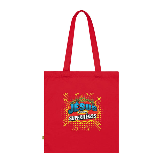 Tote bag rouge en coton biologique avec l'inscription Jésus est mon superhéros style comics.