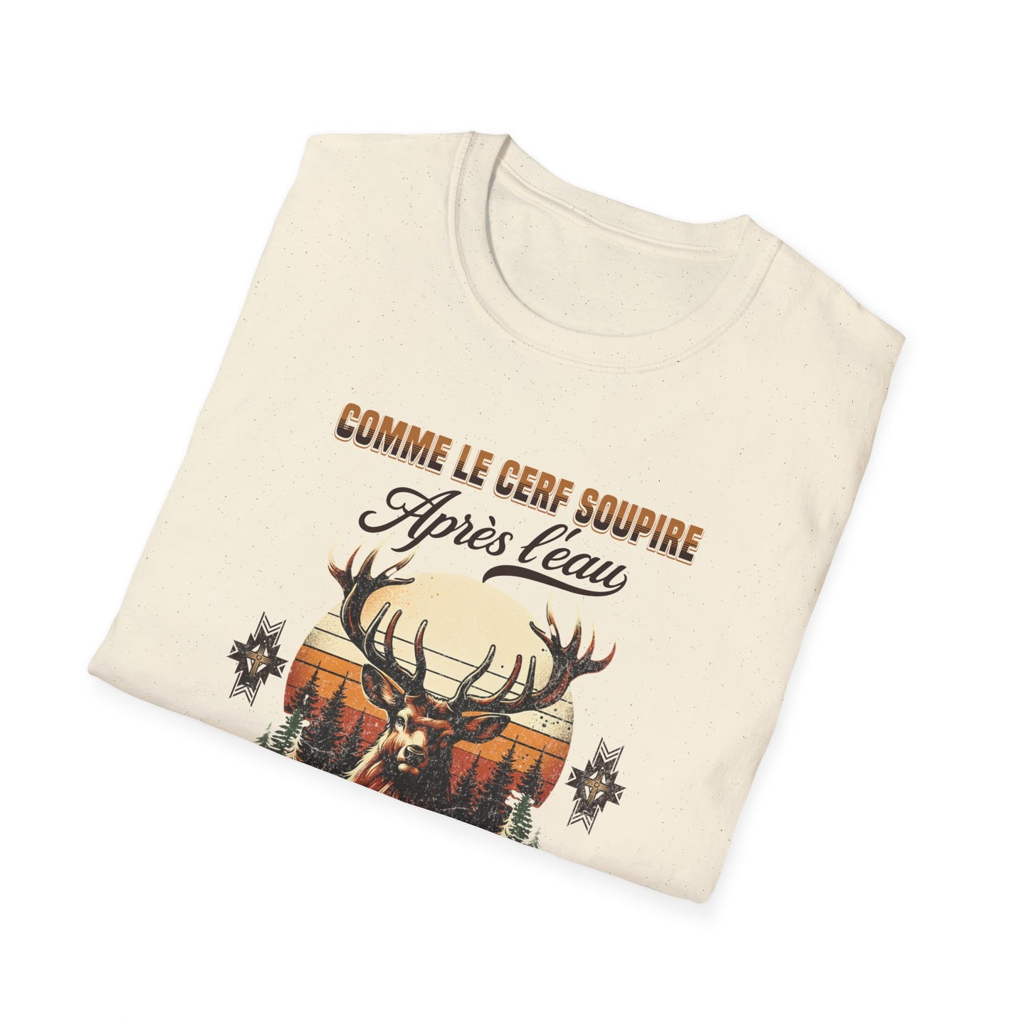 T-shirt beige en coton avec une illustration de cerf et le texte Comme le cerf soupire après l'eau.