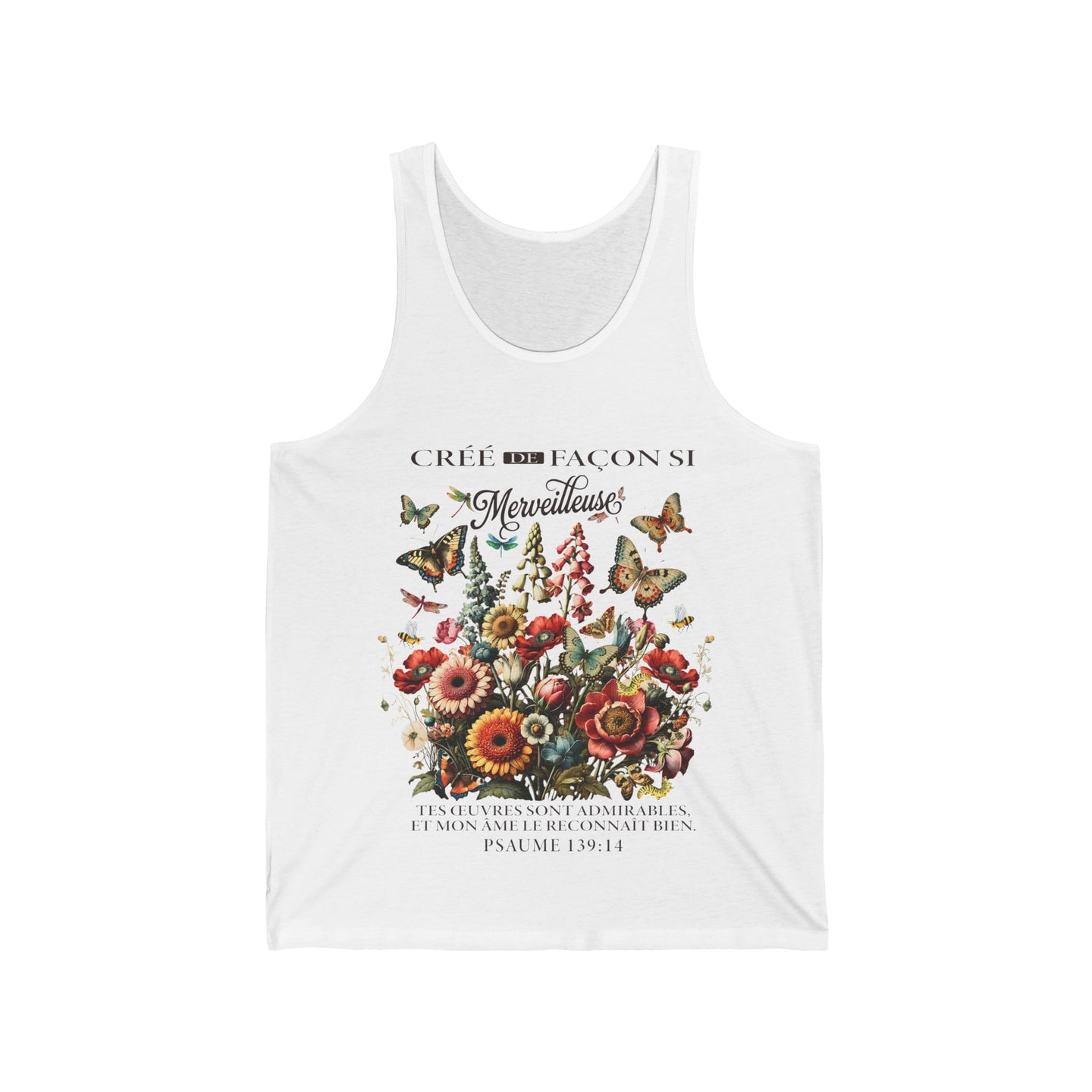 Débardeur blanc pour homme orné d'un motif floral vintage et d'un texte religieux en français.