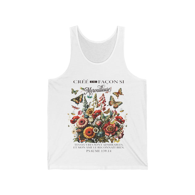 Débardeur blanc pour homme orné d'un motif floral vintage et d'un texte religieux en français.