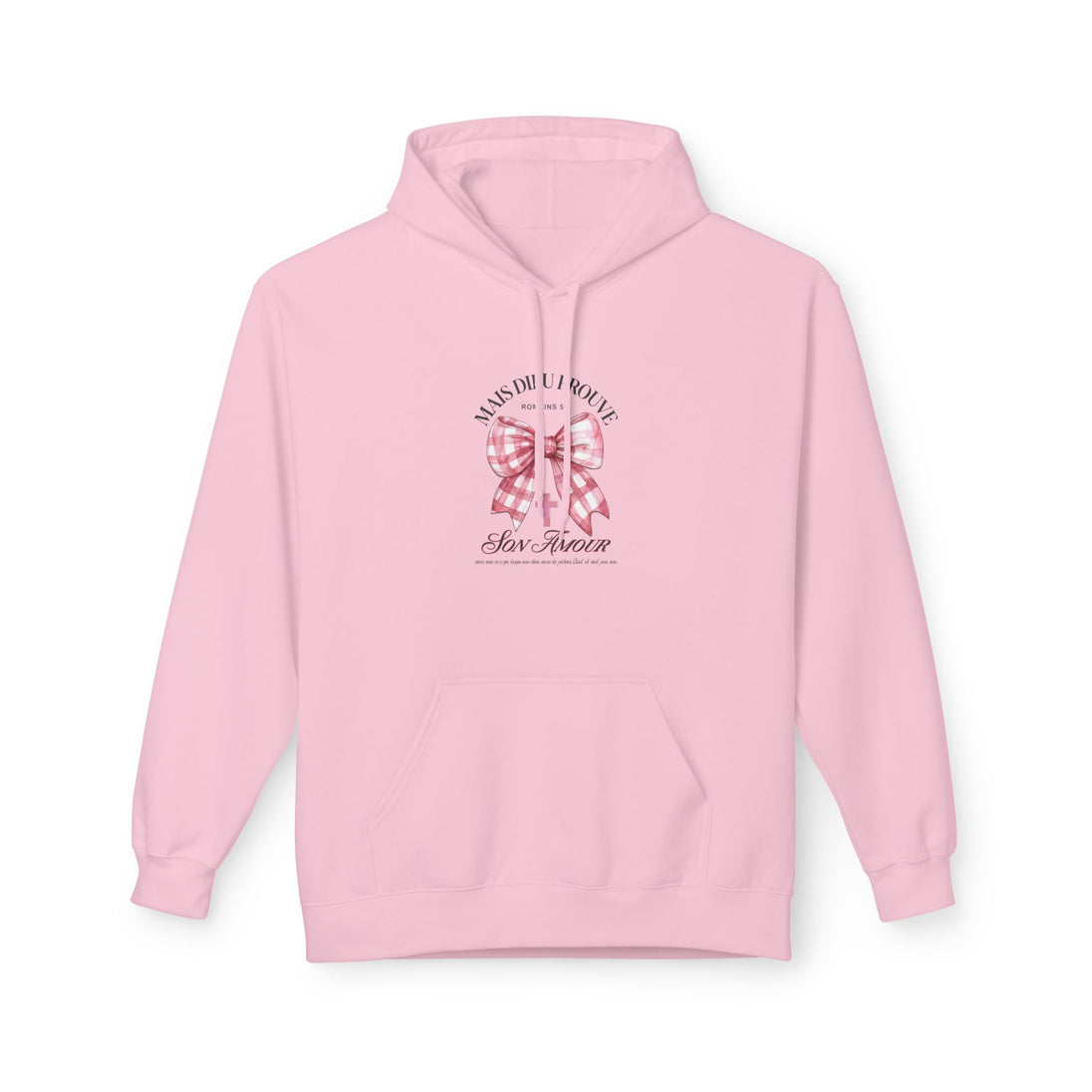 Sweat à capuche rose pâle avec un motif de nœud vichy et une inscription religieuse sur le torse.