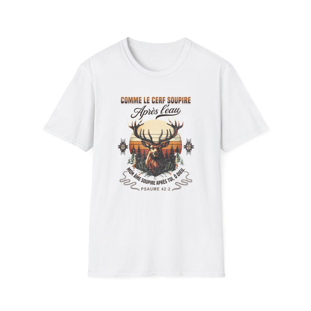 T-shirt blanc pour femme avec une illustration vintage de cerf et un verset biblique.
