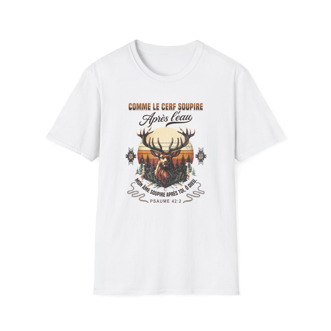 T-shirt blanc pour homme avec une illustration de cerf et un verset biblique imprimé.