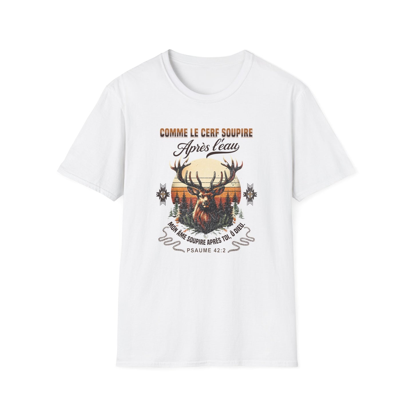 T-shirt blanc pour homme avec une illustration de cerf et un verset biblique imprimé.