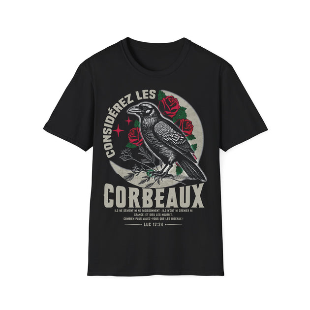 T-shirt noir pour homme avec une illustration de corbeau, de roses et un texte biblique en français.