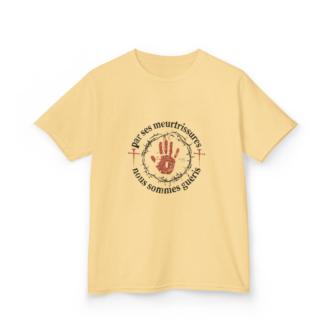 T-shirt jaune pour enfant avec une illustration religieuse centrée sur une main rouge.