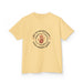 T-shirt jaune pour enfant avec une illustration religieuse centrée sur une main rouge.