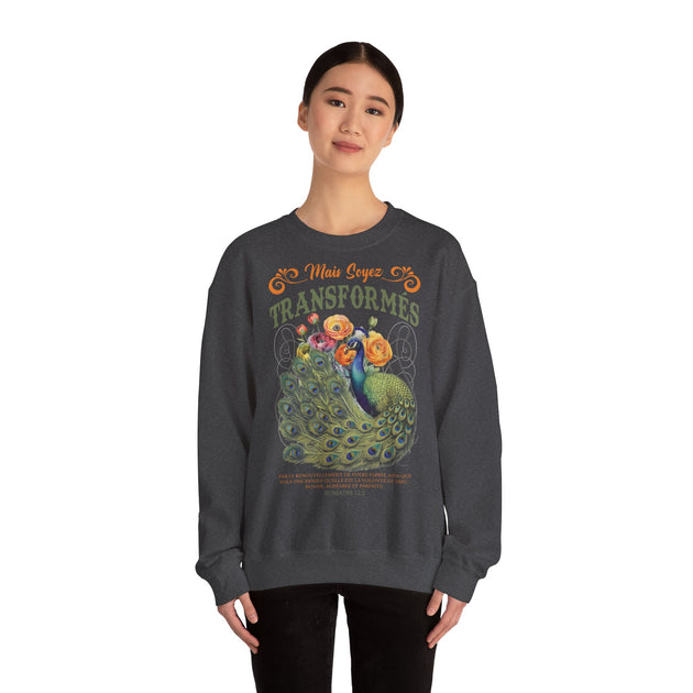 Sweat-shirt gris foncé pour homme avec un paon et le texte biblique Mais soyez transformés.