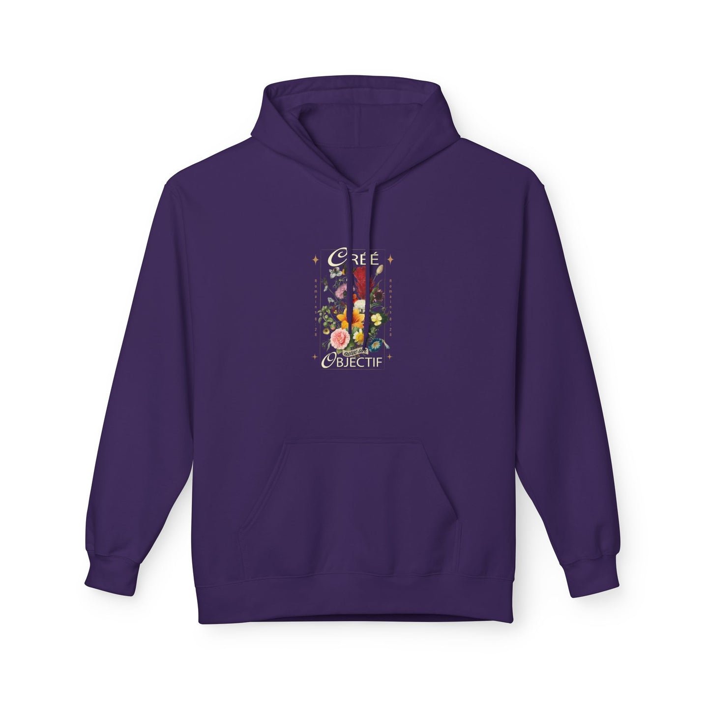 Sweat à capuche violet pour femme avec un motif floral et l'inscription Créée avec un objectif.