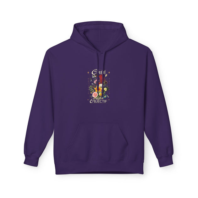 Sweat à capuche violet pour femme avec un motif floral et l'inscription Créée avec un objectif.