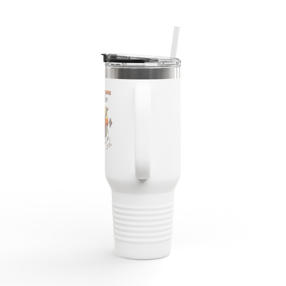 Mug de voyage blanc de 40 oz avec poignée, couvercle, paille et motif imprimé sur le côté.
