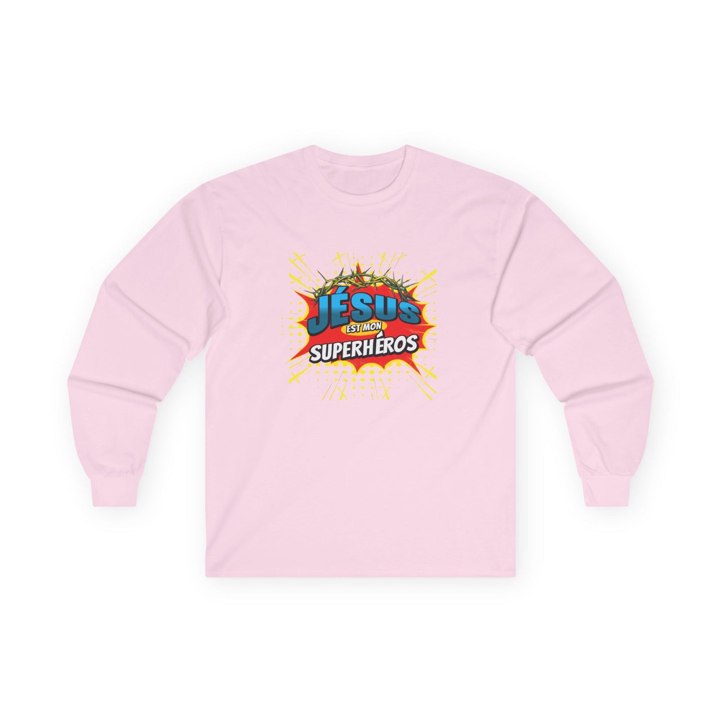 T-shirt rose à manches longues avec le texte Jésus est mon superhéros et une couronne d'épines.