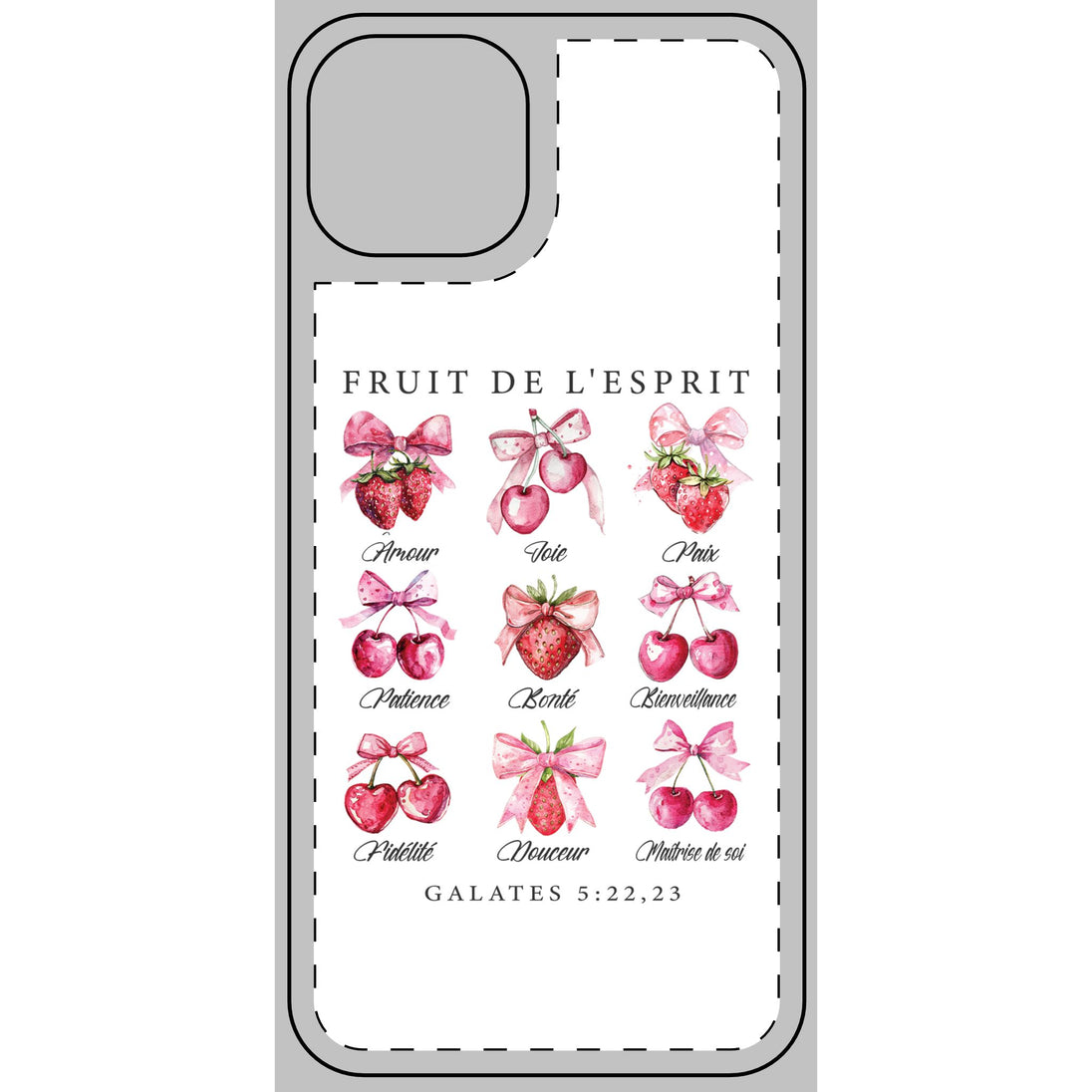 Coque de téléphone blanche illustrée de fraises et cerises avec le texte Fruit de l'Esprit.