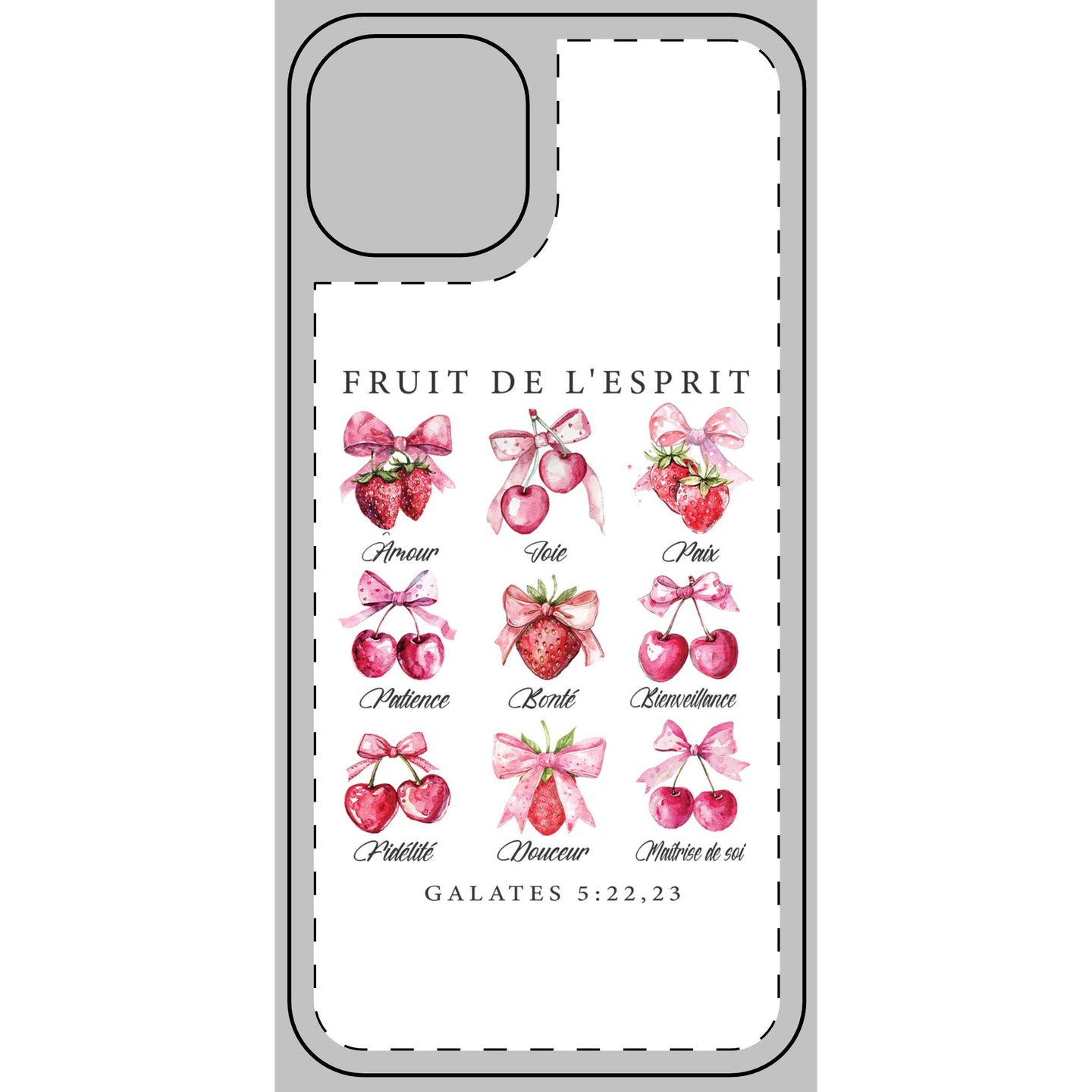 Coque de téléphone blanche illustrée de fraises et cerises avec le texte Fruit de l'Esprit.