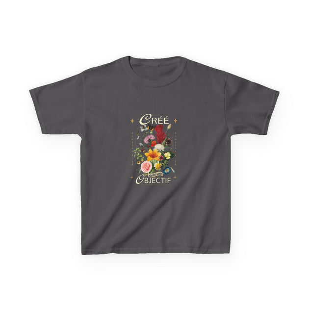 T-shirt gris pour enfant orné d'un bouquet floral et de l'inscription Créé avec un objectif.